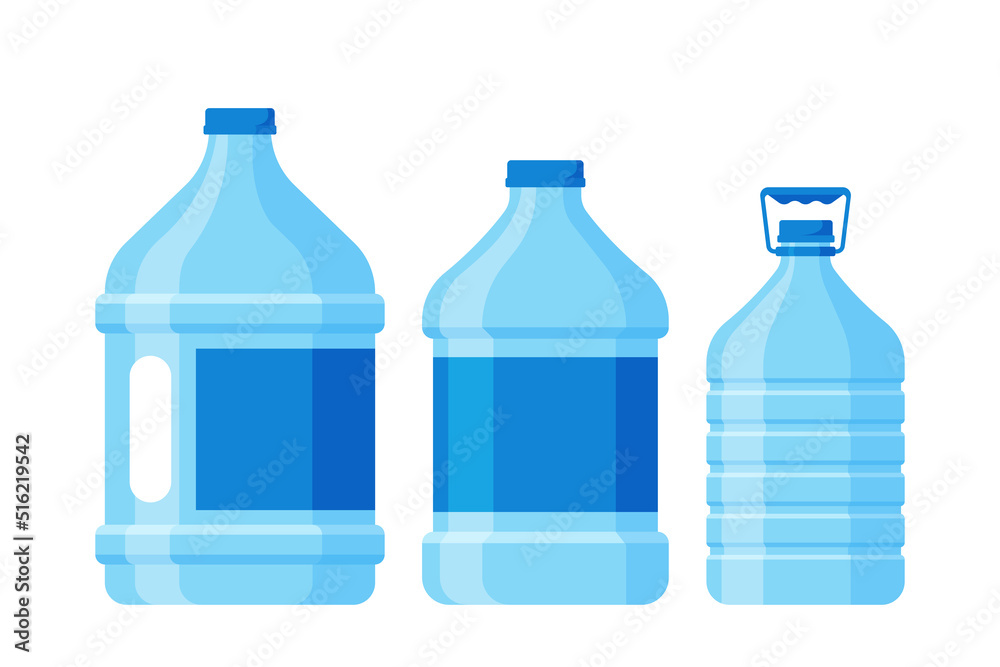Plastic Cylinders Or Bottles With Lids, Handles and Labels For Clean Water And Drinks. Plastic Packaging For Beverages Plastic Cylinders Or Bottles With Lids, Handles and Labels For Clean Water And Drinks. Plastic Packaging For Beverages