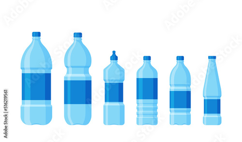 Set of Empty Plastic Bottles. Transparent Blue Containers For Water Or Liquids, Isolated Mockups For Advertising