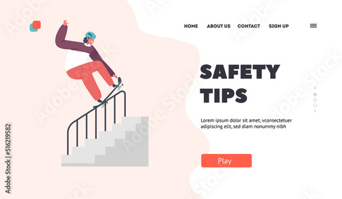 Skateboarding Safety Tips Landing Page Template. Street Extreme Sport, Youth Urban Culture. Teen Boy in Skate Park