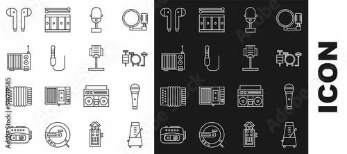 Set line Metronome with pendulum in motion, Microphone, Drums, Audio jack, Radio antenna, Air headphones and Music stand icon. Vector
