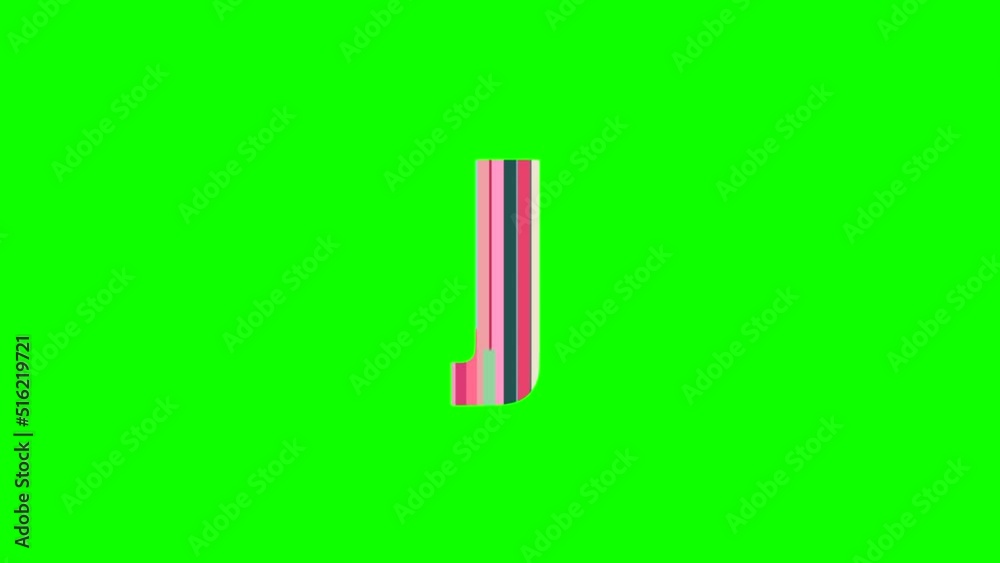 J - Animated letter from moving multi colored lines isolated on green background