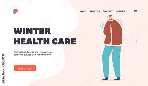 Winter Health Care Landing Page Template. Freezing Senior Male Character Suffer Cold Weather, Low or Freeze