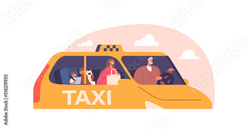 Family Characters Mother And Children Using Taxi Automobile Service. Driver, Woman And Kids Sitting In Cab, Transport