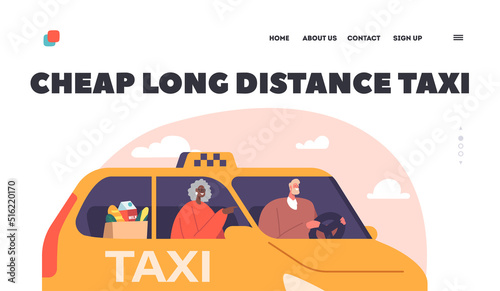 Cheap Long Distance Taxi Landing Page Template. Old Lady or Granny with Grocery Bag Using Taxi Automobile Service