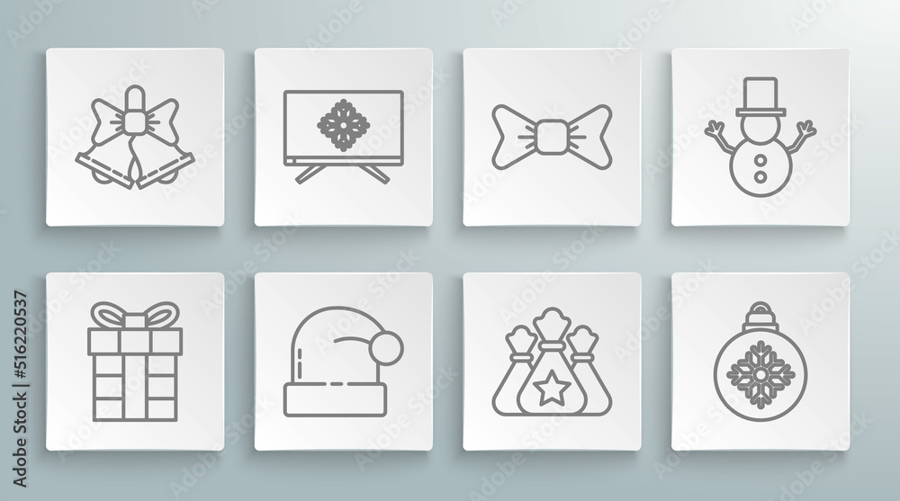 Set line Gift box, Merry Christmas on television, Santa Claus hat, bag gift, ball, Bow tie, snowman and ringing bell icon. Vector Set line Gift box, Merry Christmas on television, Santa Claus hat, bag gift, ball, Bow tie, snowman and ringing bell icon. Vector