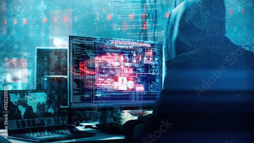 Hacker programing in technology enviroment with cyber icons and symbols. Abstract animation with unrecognizable hooded hacker hacking artificial neural network, cybersecurity concept.
