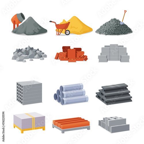 Construction And Building Materials Isolated Icons. Concrete Mixer, Pile Of Cement, Trolley With Sand And Gravel or Stones