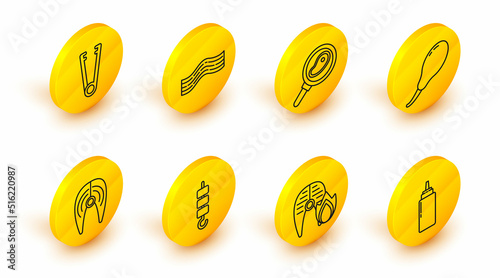 Set line Sauce bottle, Grilled fish steak and fire flame, shish kebab on skewer stick, Fish, Chicken leg, Steak meat in frying pan, Bacon stripe and Meat tongs icon. Vector