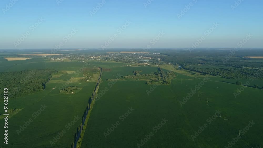 Aerial view beautiful landscape in summer. Drone flying over corn field in sunny day. Drone shot nature and forest, village Aerial view beautiful landscape in summer. Drone flying over corn field in sunny day. Drone shot nature and forest, village