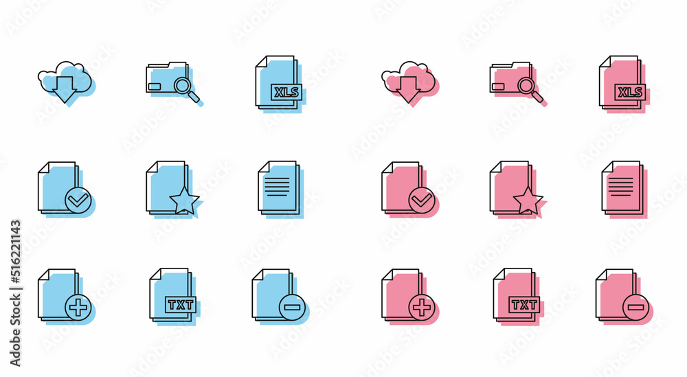 Set line Add new file, TXT document, Cloud download, Document with minus, star, and check mark and Search concept folder icon. Vector