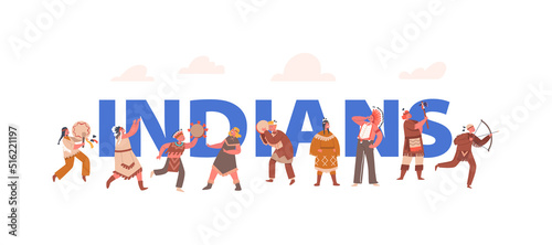 Indians Children Concept. Kids Fun, Playing Native American Indians. Boys and Girls Wearing Costumes Playing Poster