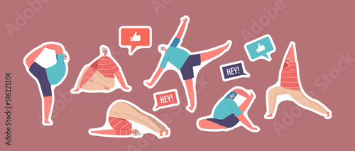 Set Of Stickers Old Man In Yoga Asana Poses. Elderly Male Character Practice Healthy Lifestyle, Relaxation, Flexibility