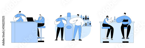Bar Recreation Concept. People Visiting Pub, Couple Drinking Alcohol on Counter Desk, Businessman Work on Laptop, Friends
