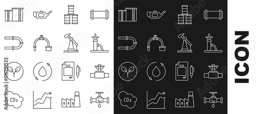Set line Broken pipe with leaking water, Industry and valve, Oil pump or pump jack, Barrel oil, industrial factory building and icon. Vector