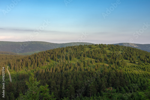Vresnik, view from upper water reservoir of the pumped storage hydro power plant Dlouhe Strane in Jeseniky Mountains, Czech Republic.Summer sunset evening. 