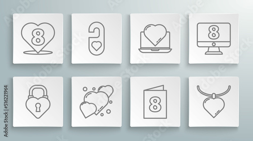 Set line Castle in the shape of a heart, Please do not disturb with, Heart, Greeting card 8 March, Necklace shaped pendant, Online dating app and chat, on monitore and icon. Vector