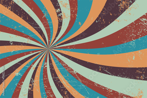 groovy retro starburst sunburst background pattern in grunge textured vintage color palette of blue orange red and purple with spiral or swirled radial striped design, old 60s hippy background vector