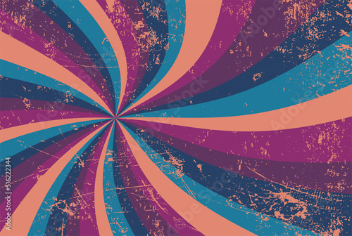 groovy retro starburst sunburst background pattern in grunge textured vintage color palette of blue orange and purple pink with spiral or swirled radial striped design, old 60s hippy background vector