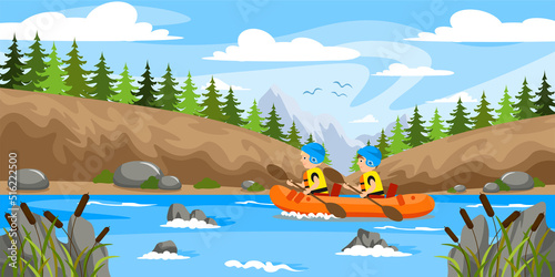 Vector illustration of beautiful summer kayaking trips. Cartoon forest landscape with boys on a kayak, stormy river, reeds, mountains.