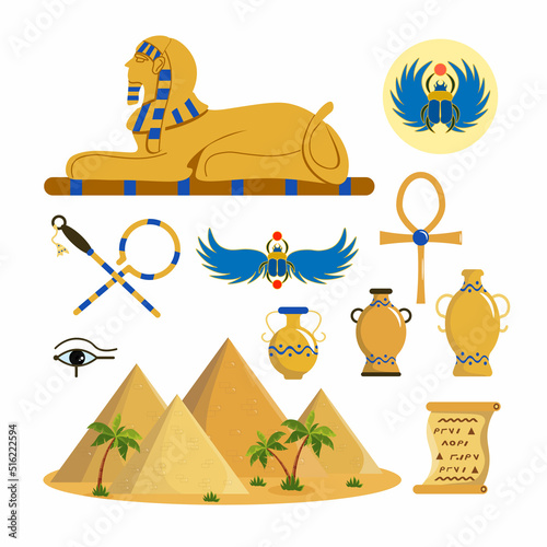 Set of equipment for vacationers in Egypt in cartoon style. Vector illustration of pyramids, sphinx, papyrus, vase, scarab beetle symbol, eye of Horus, ankh, scepter and flail on white background.