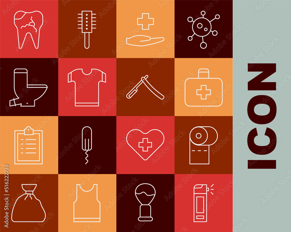 Set line Bottle with nozzle spray, Toilet paper roll, First aid kit, Cross hospital medical, T-shirt, bowl, Broken tooth and Straight razor icon. Vector Set line Bottle with nozzle spray, Toilet paper roll, First aid kit, Cross hospital medical, T-shirt, bowl, Broken tooth and Straight razor icon. Vector