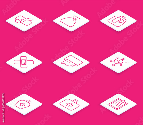 Set line Bar of soap, Garbage bag, Bottles for cleaning agent, Crossed bandage plaster, Paper towel dispenser on wall, Virus, liquid antibacterial and First aid kit icon. Vector