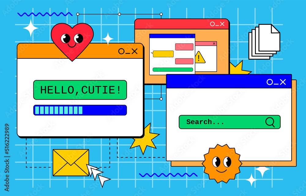 Retrowave 90s pc desktop with message boxes and user interface elements ...