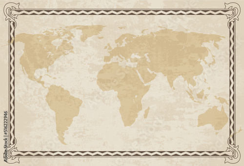 Old world map. Vector paper texture with border frame. Vintage vautical compass. Retro design banner. Decorative antique museum picture with border