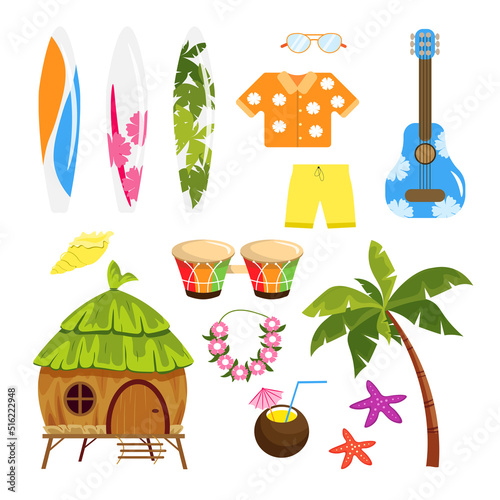 Set of equipment for vacationers in Hawaii in cartoon style. Vector illustration of Hawaiian house, palm trees, shells, coconut cocktail, starfish, drums, guitar, shirt, glasses on white background.