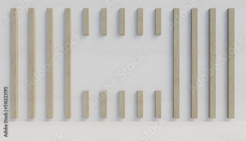 Wooden slats on a white wall. 3d rendering