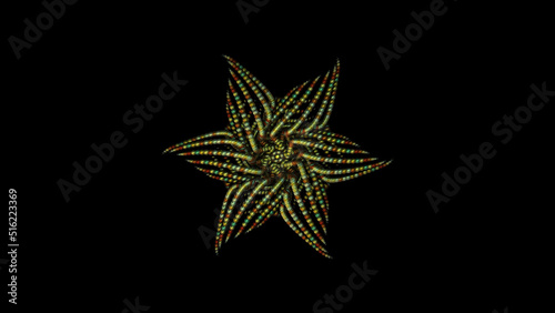 Abstract motion background with kaleidoscope view  shapes of flowers that open and close with changing movement. Animation. Beautiful flower of tiny circles  seamless loop.