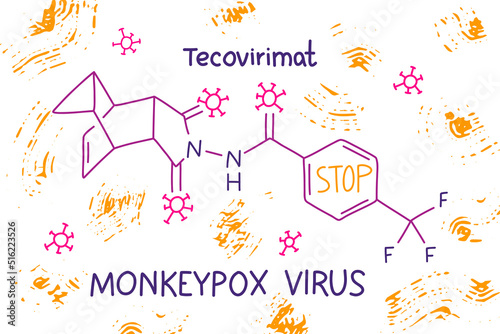 Tecovirimat, chemical skeletal formula. Vaccine, antiviral medication from monkeypox and rabbitpox. Vector illustration. photo