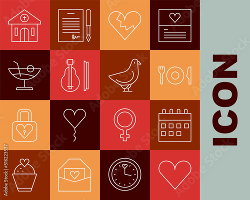 Set line Heart, Calendar, Plate, fork and knife, Broken heart divorce, Violin, Cocktail, Church building and Dove icon. Vector