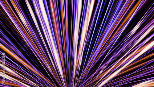 Fototapeta Naklejka Na Ścianę i Meble -  Many rays coming from the one point spreading and shining all over the screen, seamless loop. Animation. Neon colorful light beams of pink and purple colors.