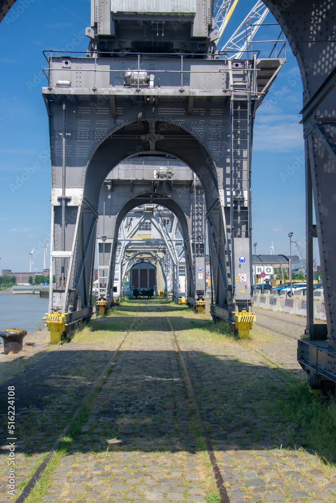 Fototapeta premium Old harbor crane on the Scheldt quays in the port of Antwerp (Belgium)