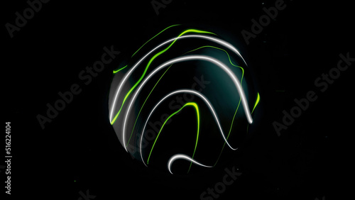 Abstract vibrating round shaped figure on black background. Animation. Wavy 3d liquid ball with bending green and wwhite shining flowing lines, seamless loop. photo