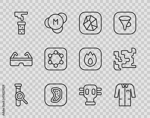 Set line Test tube and flask, Laboratory uniform, Salt stone, Bacteria, Formula of benzene rings, Gas mask and Gaseous icon. Vector