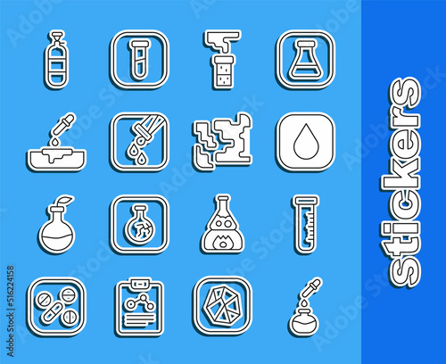 Set line Test tube and flask, Water drop, Petri dish with pipette, Propane gas tank and Gaseous icon. Vector