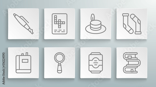 Set line Book, Crossword, Magnifying glass, Energy drink, Man hat, Socks and Fountain pen nib icon. Vector