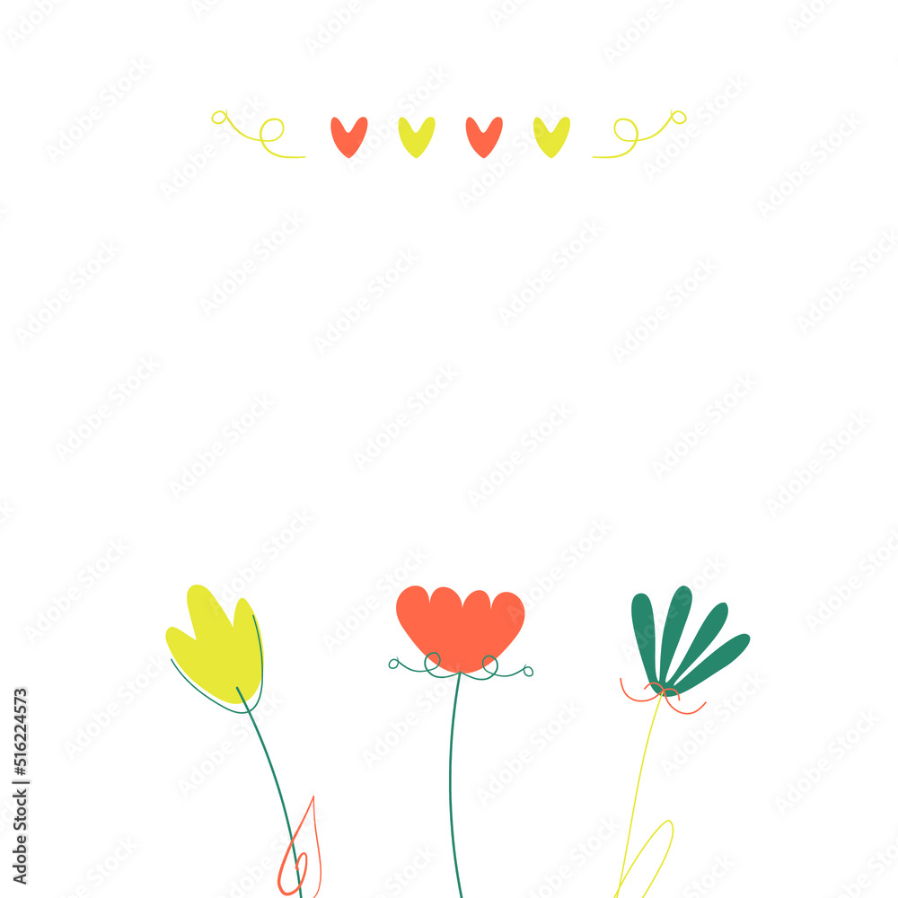 Yellow, orange, blue flower, heart vector template. Abstract stylish botanical design. Poster, gift card.