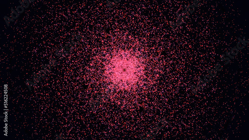 Colorful space travel through the vortex formed by tiny pink flying particles on black background. Animation. Beautiful pink spiral of moving dots.
