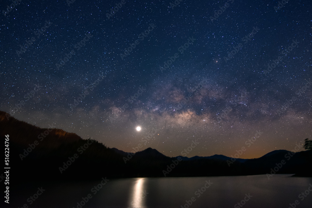 Beautiful landscape mountains and lake in the night with Milky Way with Mars and brightest Venus background, Chiang mai, Thailand Beautiful landscape mountains and lake in the night with Milky Way with Mars and brightest Venus background, Chiang mai, Thailand