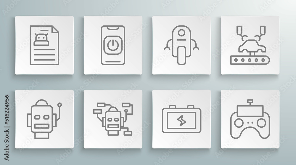 Set line Robot, Turn off robot from phone, Battery, Remote control, Robotic arm factory and Technical specification icon. Vector Set line Robot, Turn off robot from phone, Battery, Remote control, Robotic arm factory and Technical specification icon. Vector