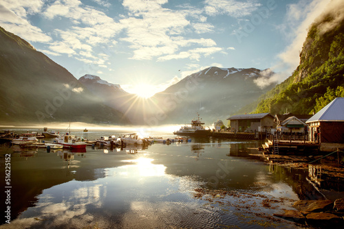 Geiranger fjord and harbor in Geiranger town, Norway