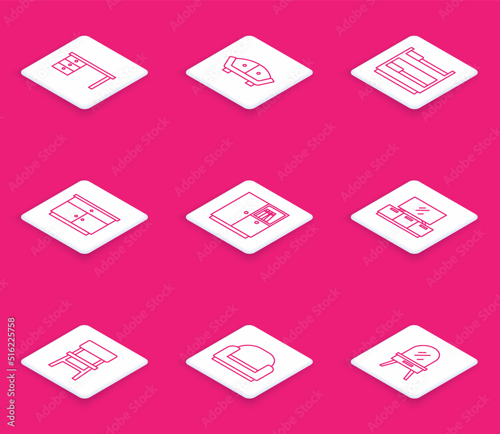 Set line Office desk, Sofa, Bunk bed, Furniture nightstand, Wardrobe, TV table, Chair and Armchair icon. Vector Set line Office desk, Sofa, Bunk bed, Furniture nightstand, Wardrobe, TV table, Chair and Armchair icon. Vector