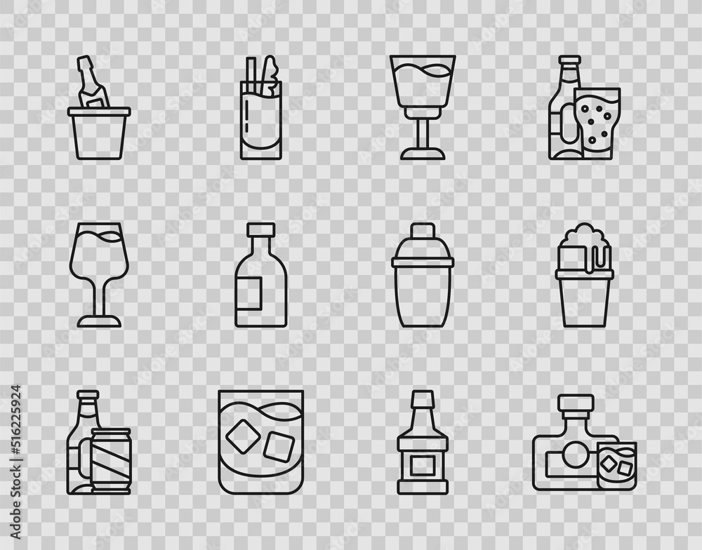 Set line Beer bottle and beer can, Whiskey glass, Wine, Glass of whiskey, Champagne ice bucket, vodka, and icon. Vector Set line Beer bottle and beer can, Whiskey glass, Wine, Glass of whiskey, Champagne ice bucket, vodka, and icon. Vector