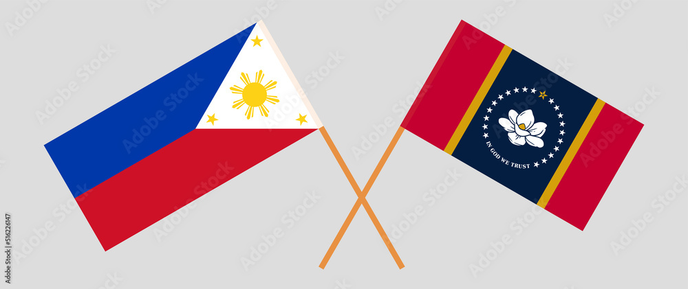 Crossed flags of the Philippines and The State of Mississippi. Official colors. Correct proportion
