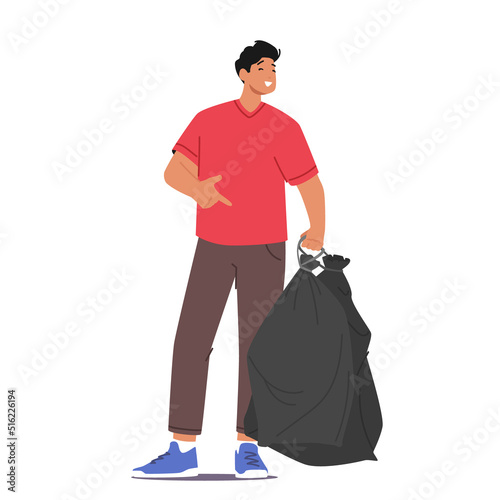 Recycling, Ecology Protection. Man Holding Sack with Litter, Removing Trash from Ground. Male Character Cleaning Earth