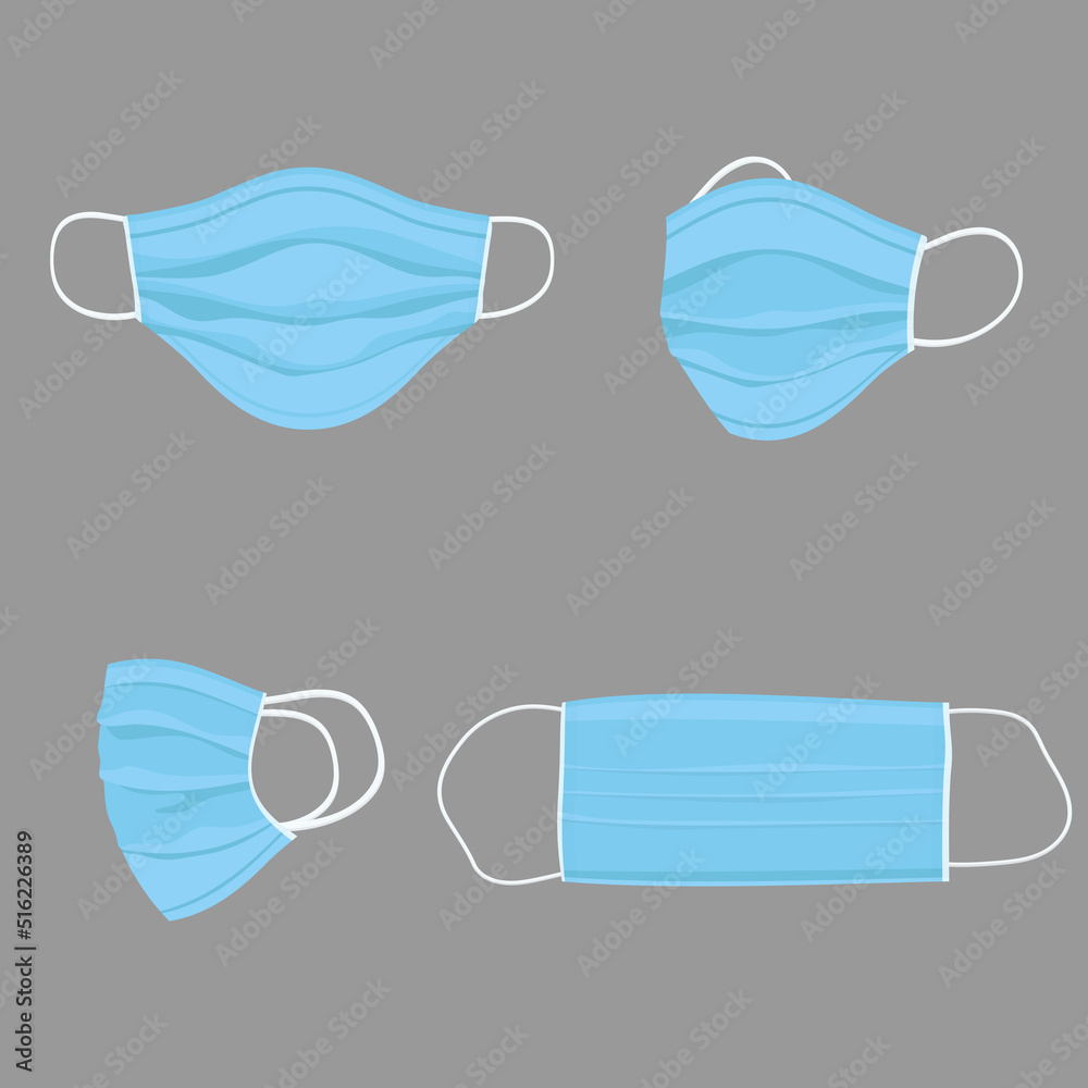 Surgical face mask, vector illustration. Blue medical protective masks, from different angles isolated on white. Corona virus protection mask with ear loop, in a front, three-quarters, and side views. Surgical face mask, vector illustration. Blue medical protective masks, from different angles isolated on white. Corona virus protection mask with ear loop, in a front, three-quarters, and side views.