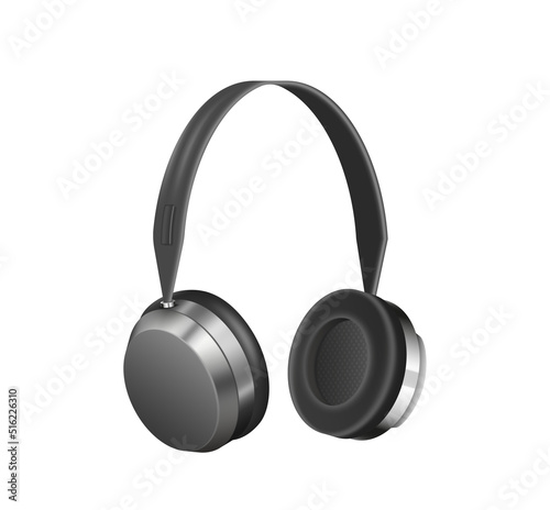 Black realistic headphones gaming headset. Listening audio electronic device diagonal side view